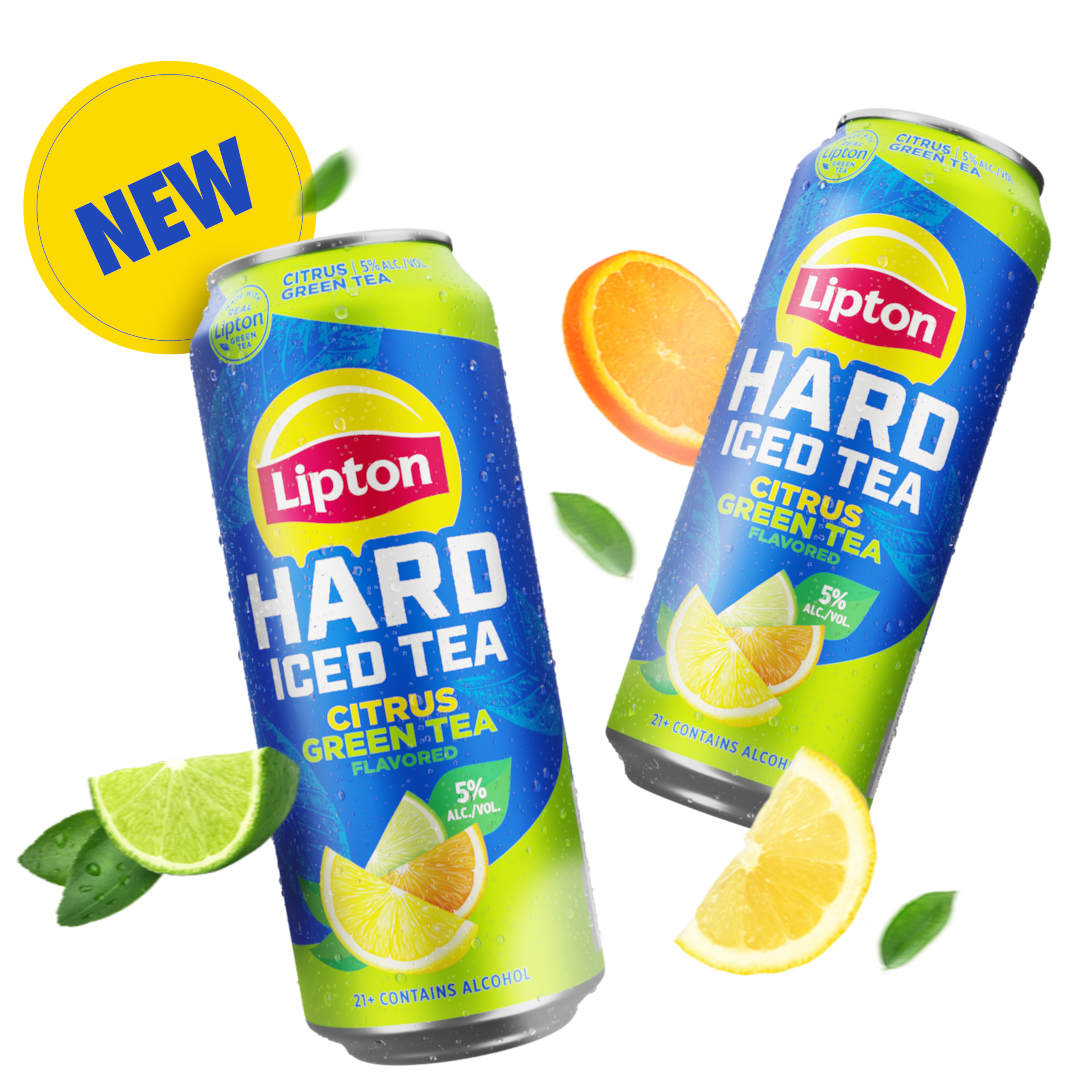 Lipton Hard Iced Tea graphic revolving around LHIT Citrus Green Tea cans and some lemon graphics