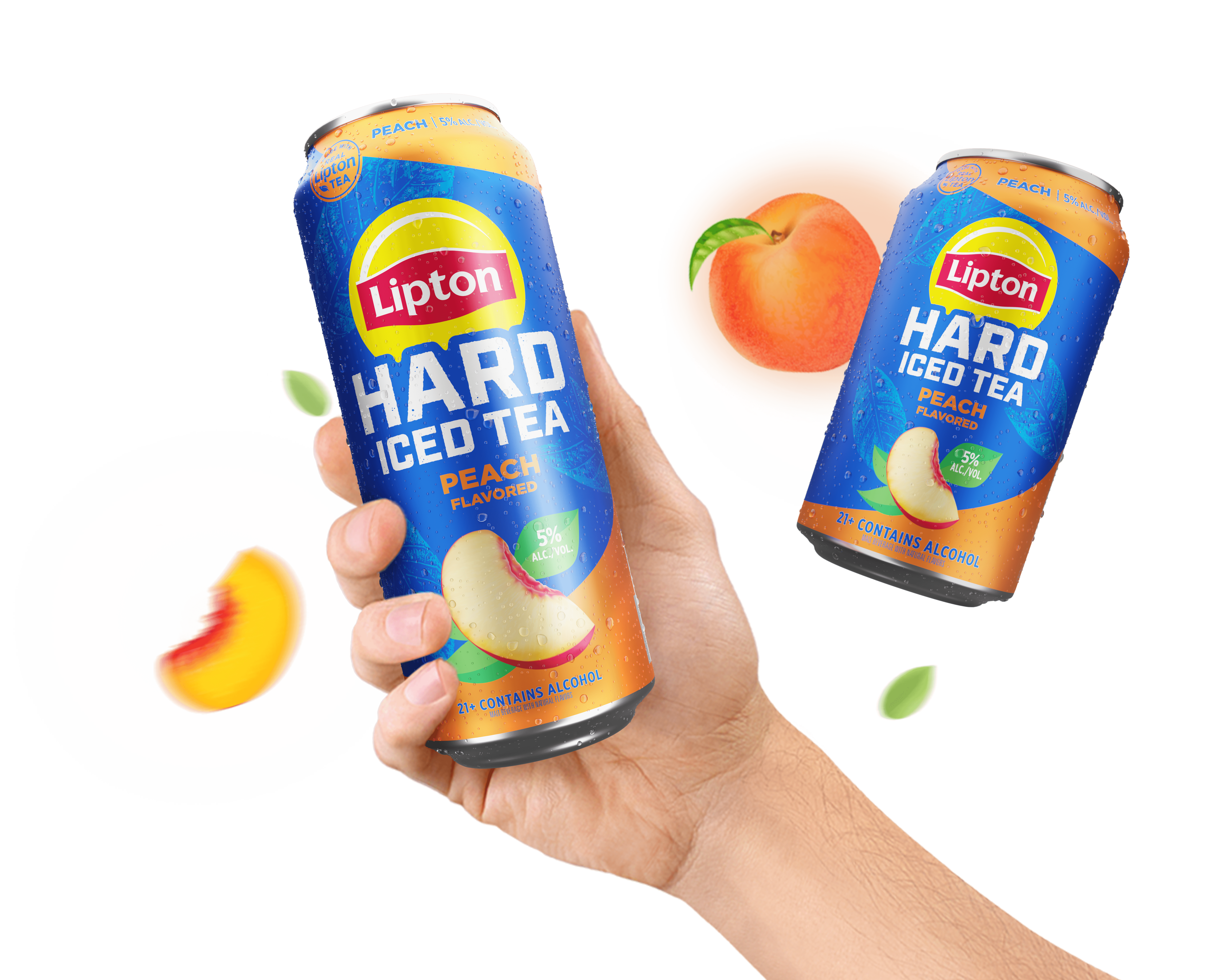 A hand holding a can of peach flavor Lipton Hard Iced Tea among floating peaches