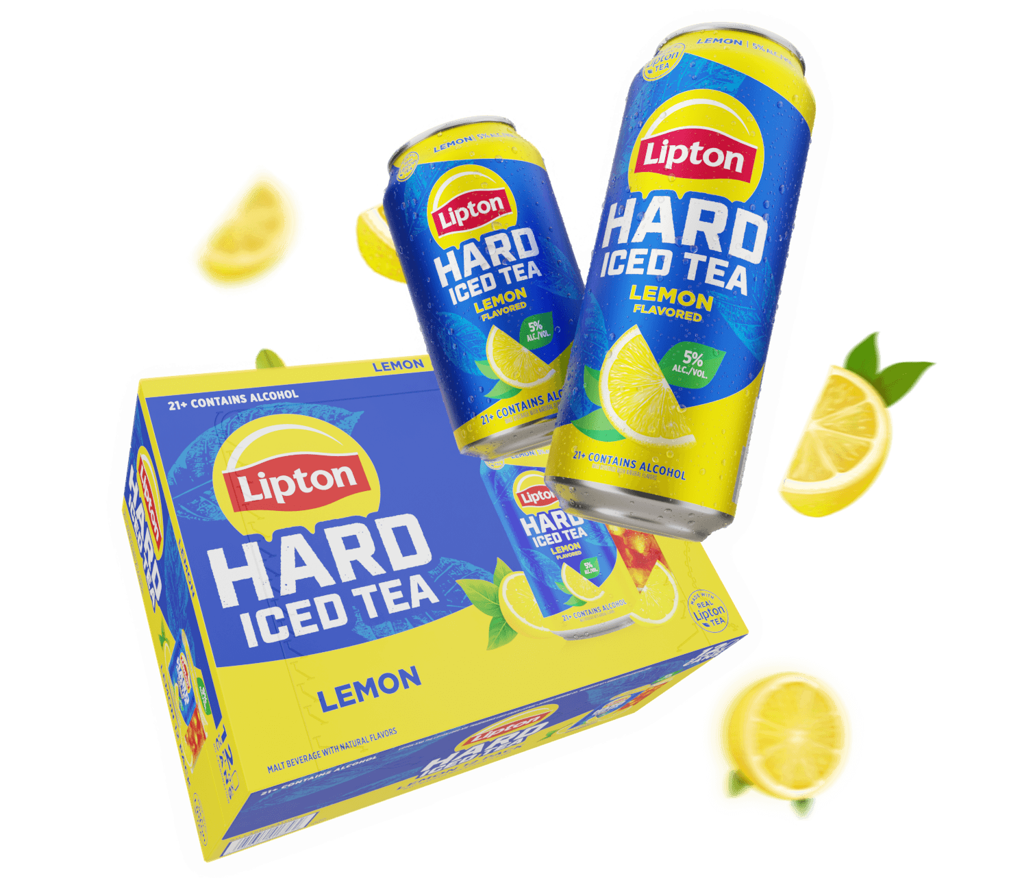 Two cans and a 12 Pack of lemon flavor Lipton Hard Iced Tea with a slice of lemon
