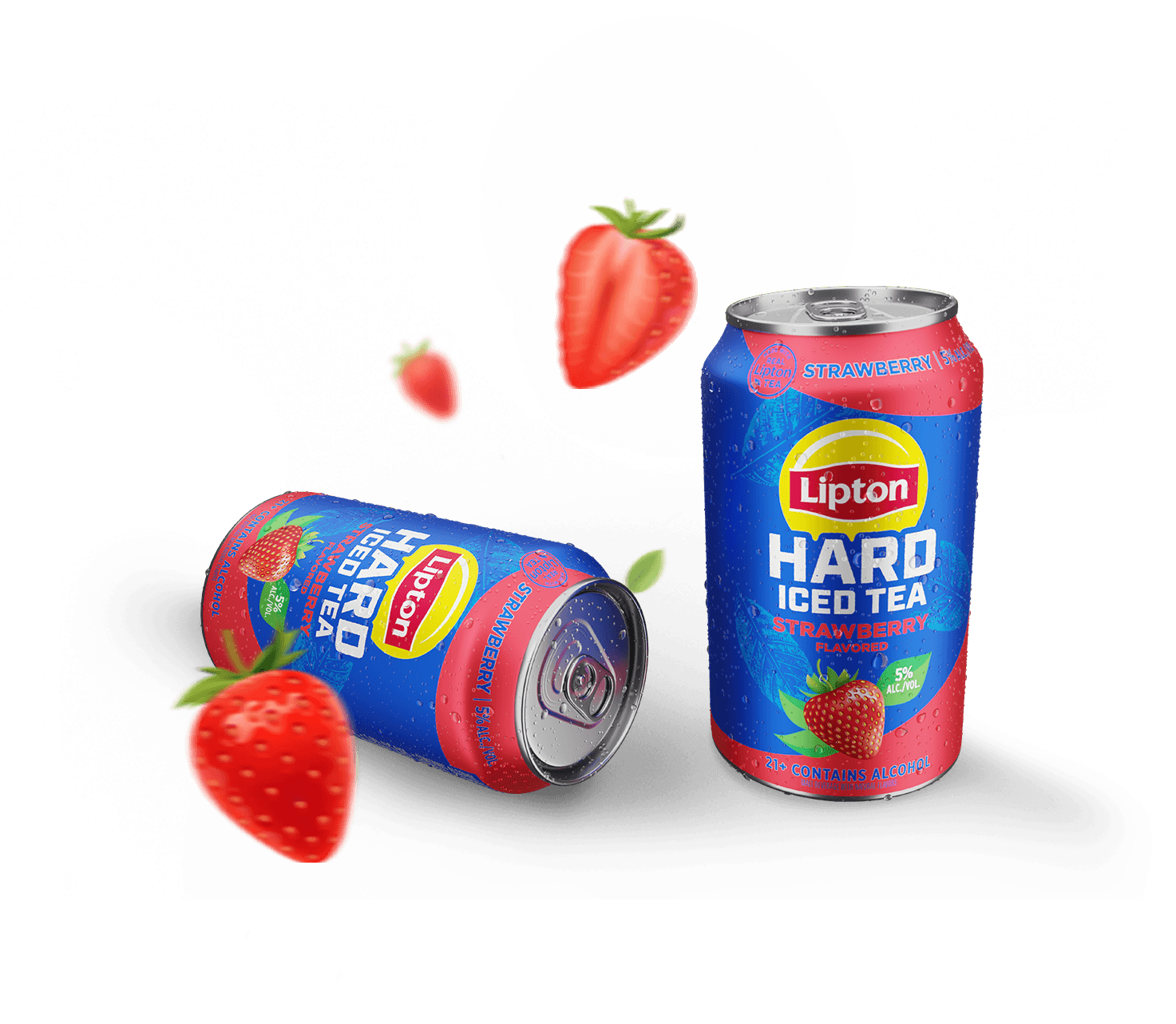Two cans of strawberry flavor Lipton Hard Iced Tea among floating strawberries