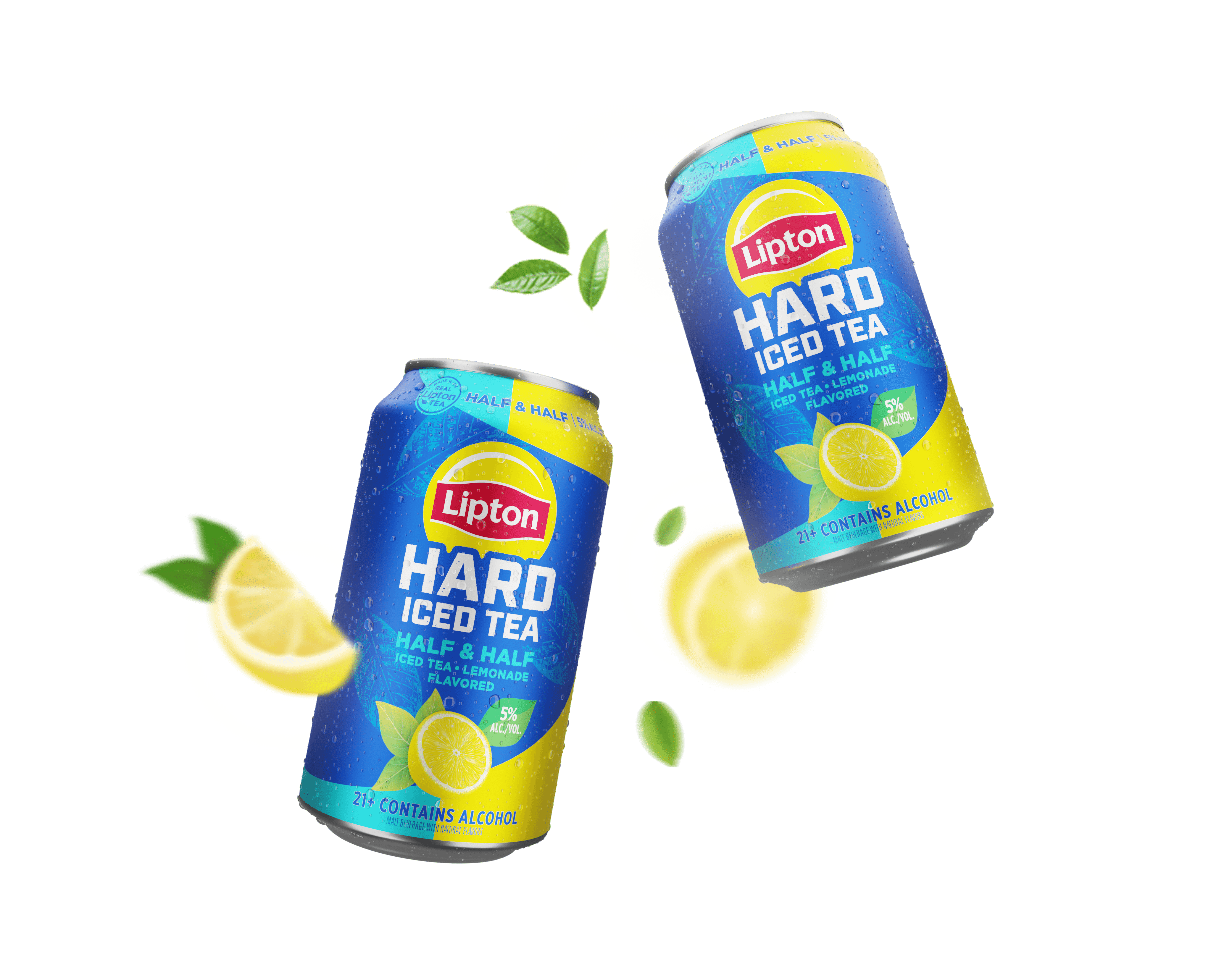 Two cans of half & half flavor Lipton Hard Iced Tea floating with lemon slices