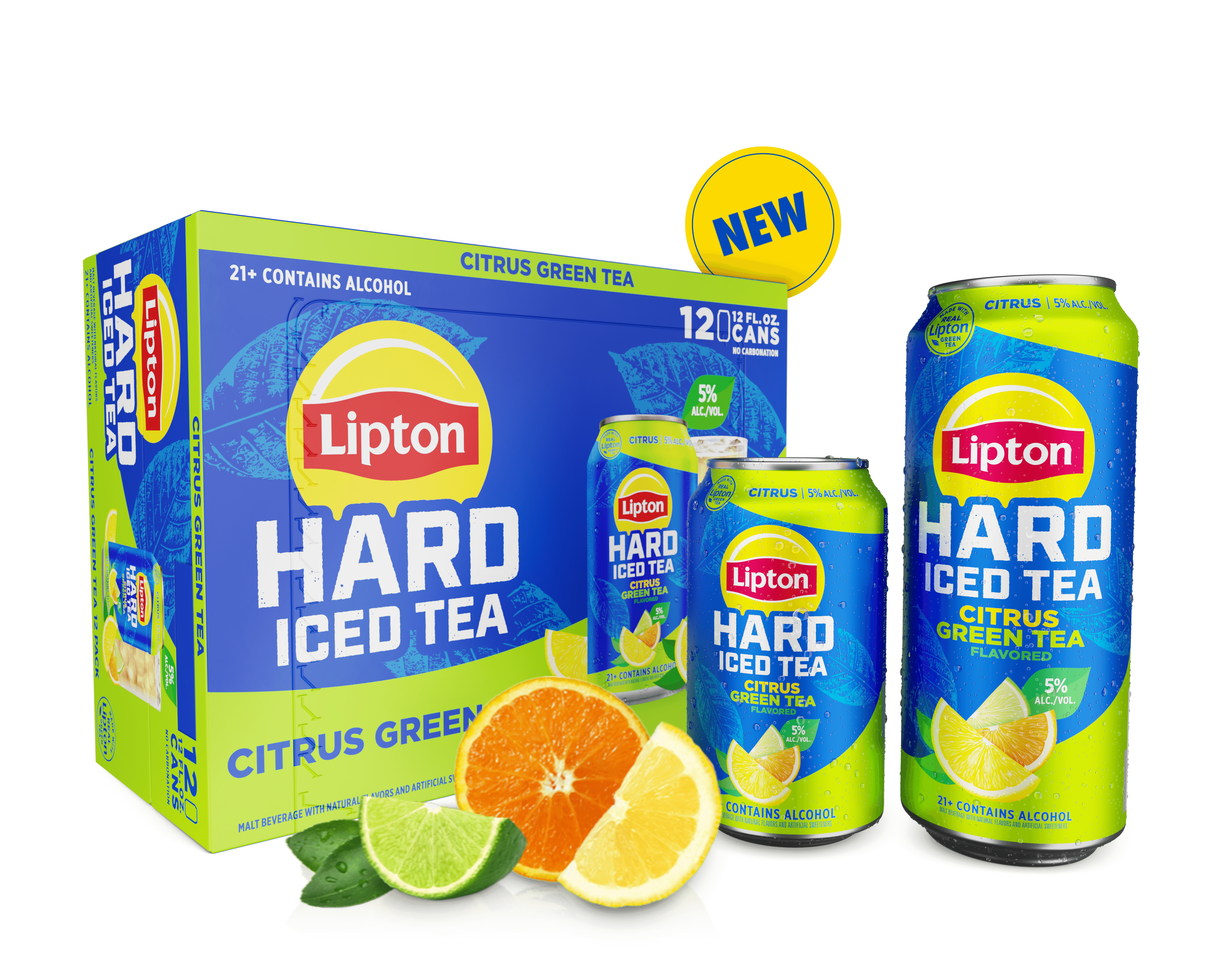 Two cans and a 12 Pack of Lipton Hard Citrus Green Tea with slices of citrus fruit