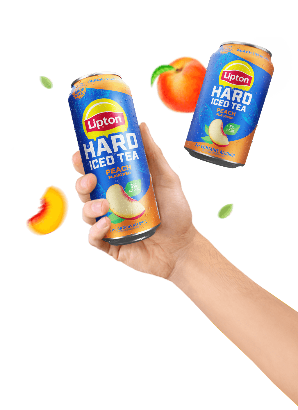 A hand holding a can of peach flavor Lipton Hard Iced Tea among floating peaches