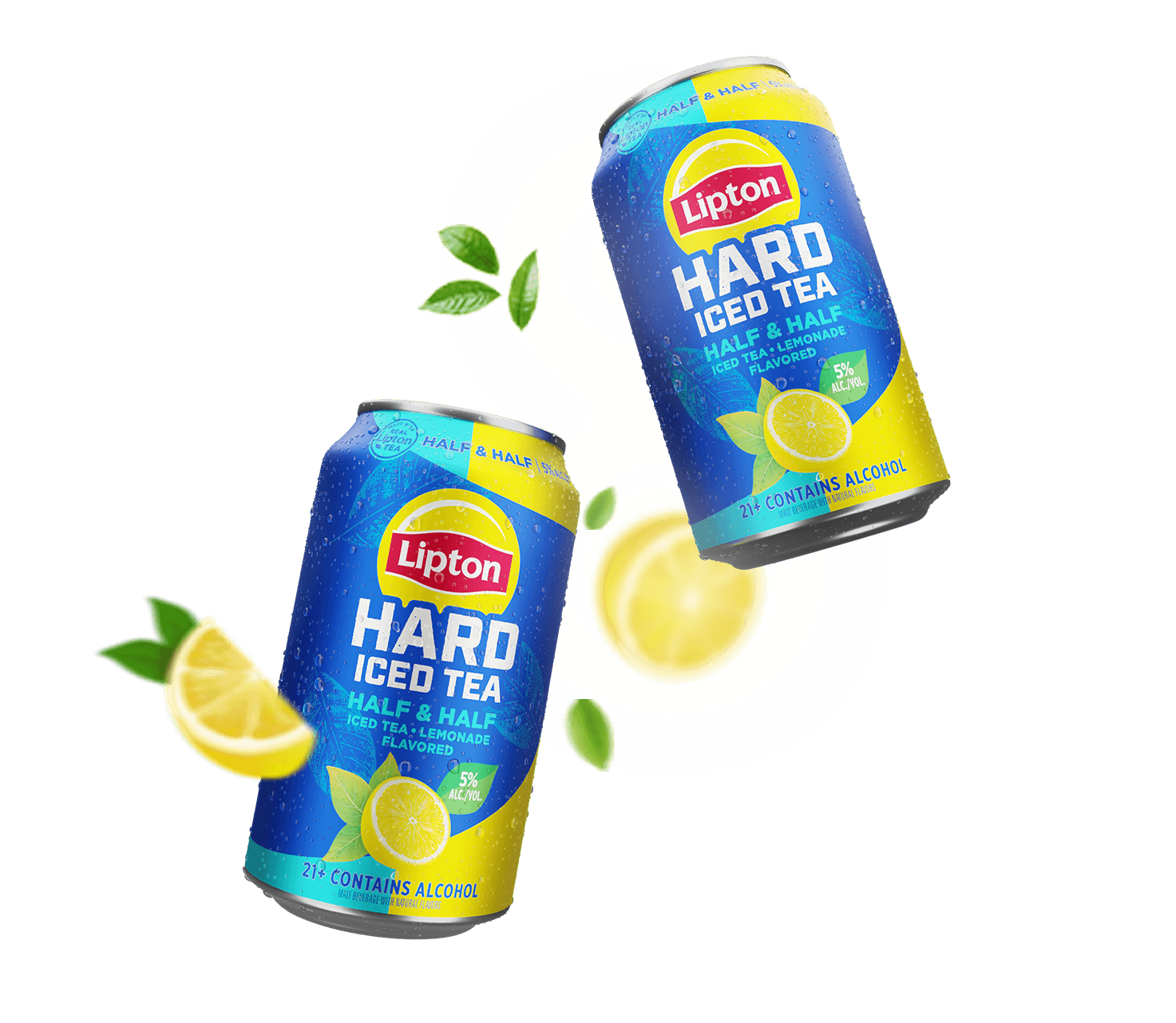 Two cans of half & half flavor Lipton Hard Iced Tea floating with lemon slices