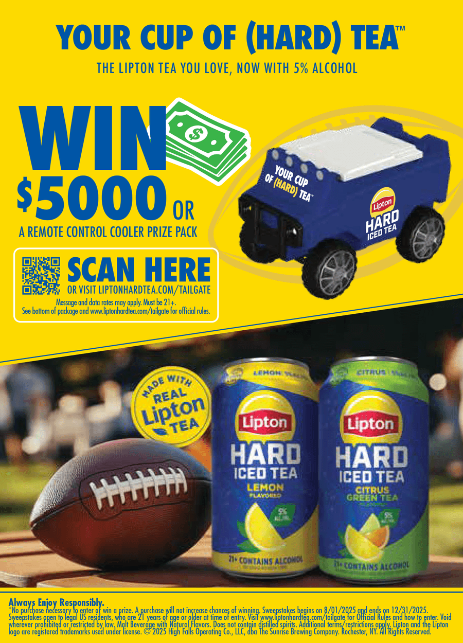 Two cans of Lipton Hard Iced Tea next to a football, also a graphic of a remote controlled cooler