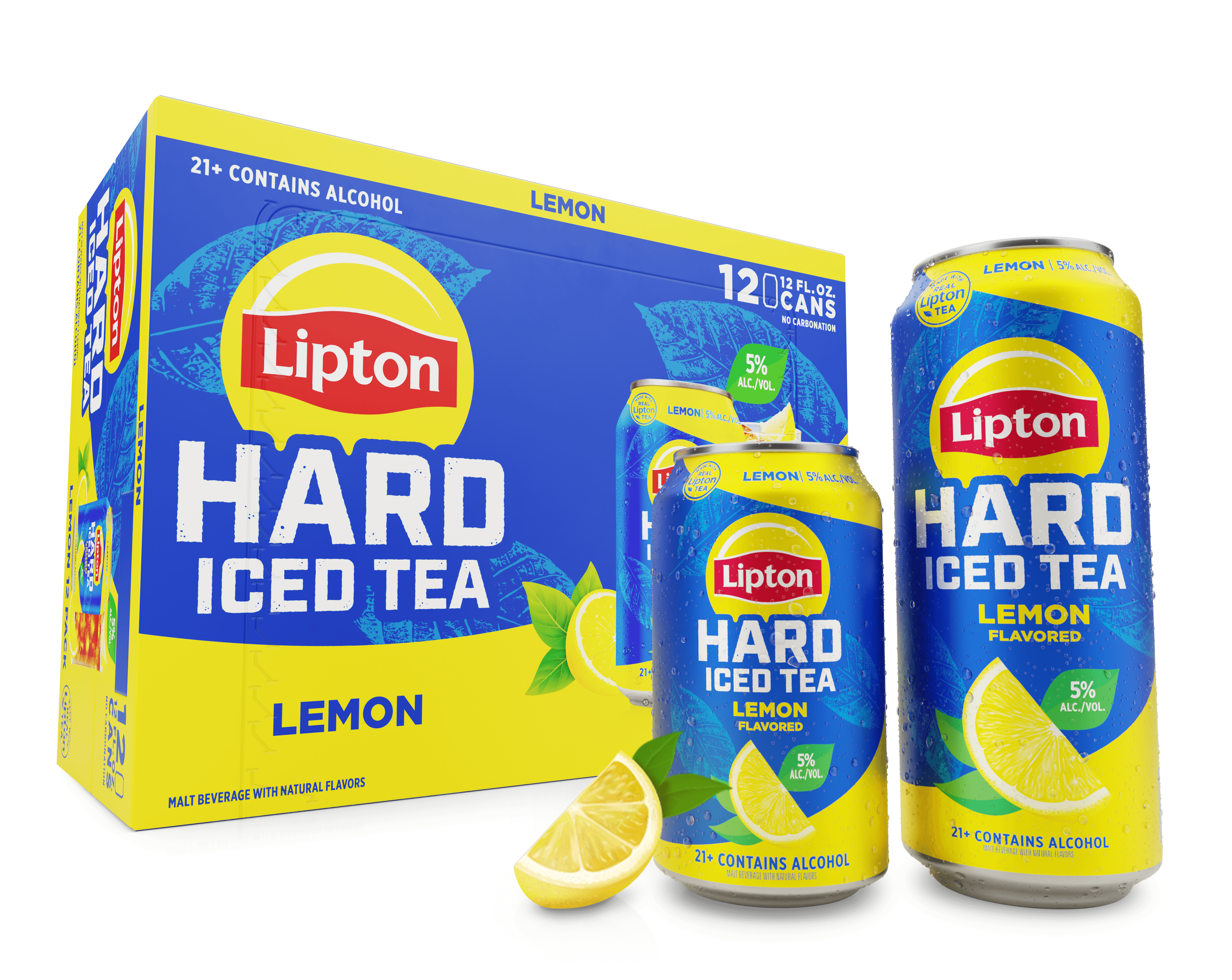 Two cans and a 12 Pack of lemon flavor Lipton Hard Iced Tea with a slice of lemon