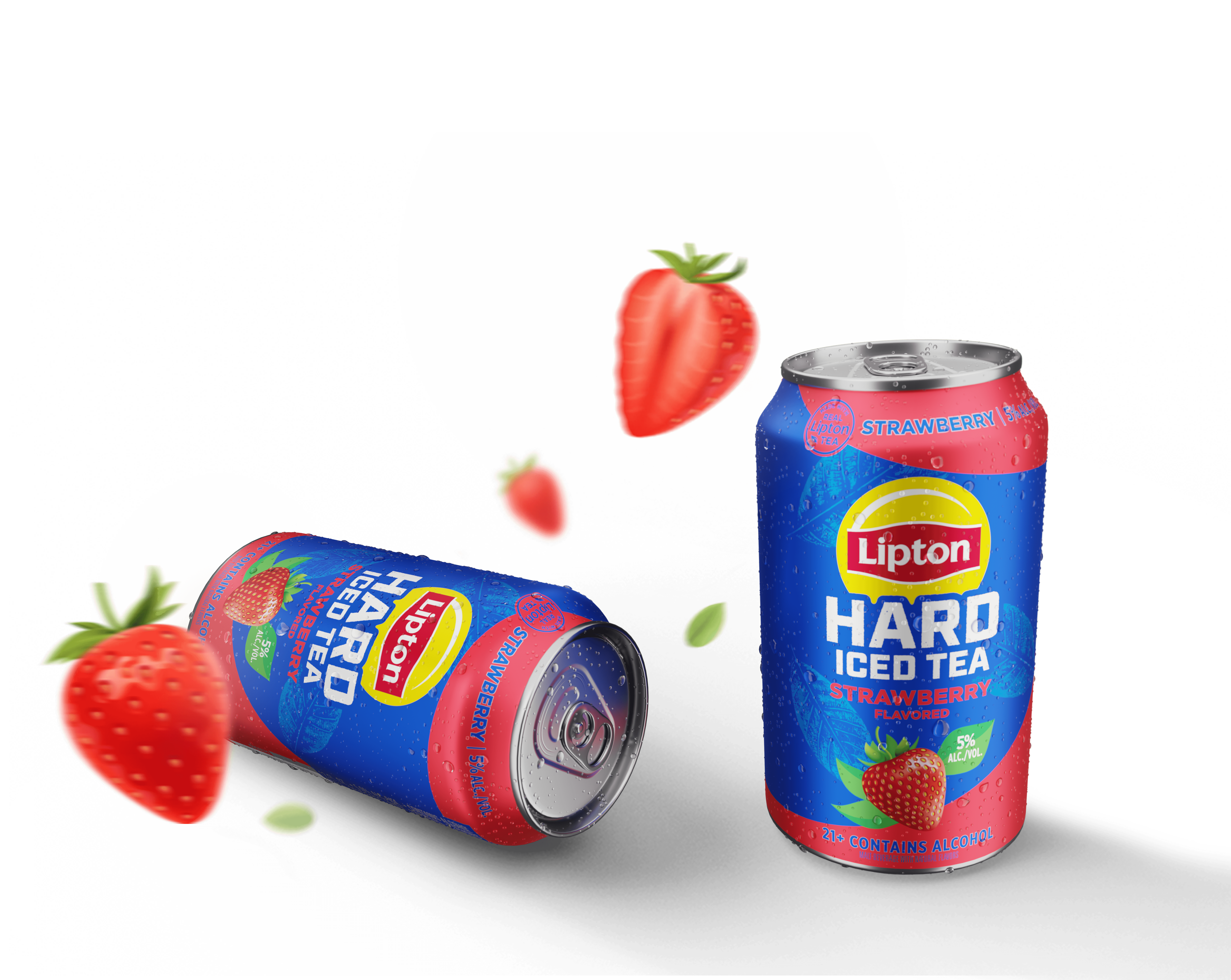 Two cans of strawberry flavor Lipton Hard Iced Tea among floating strawberries