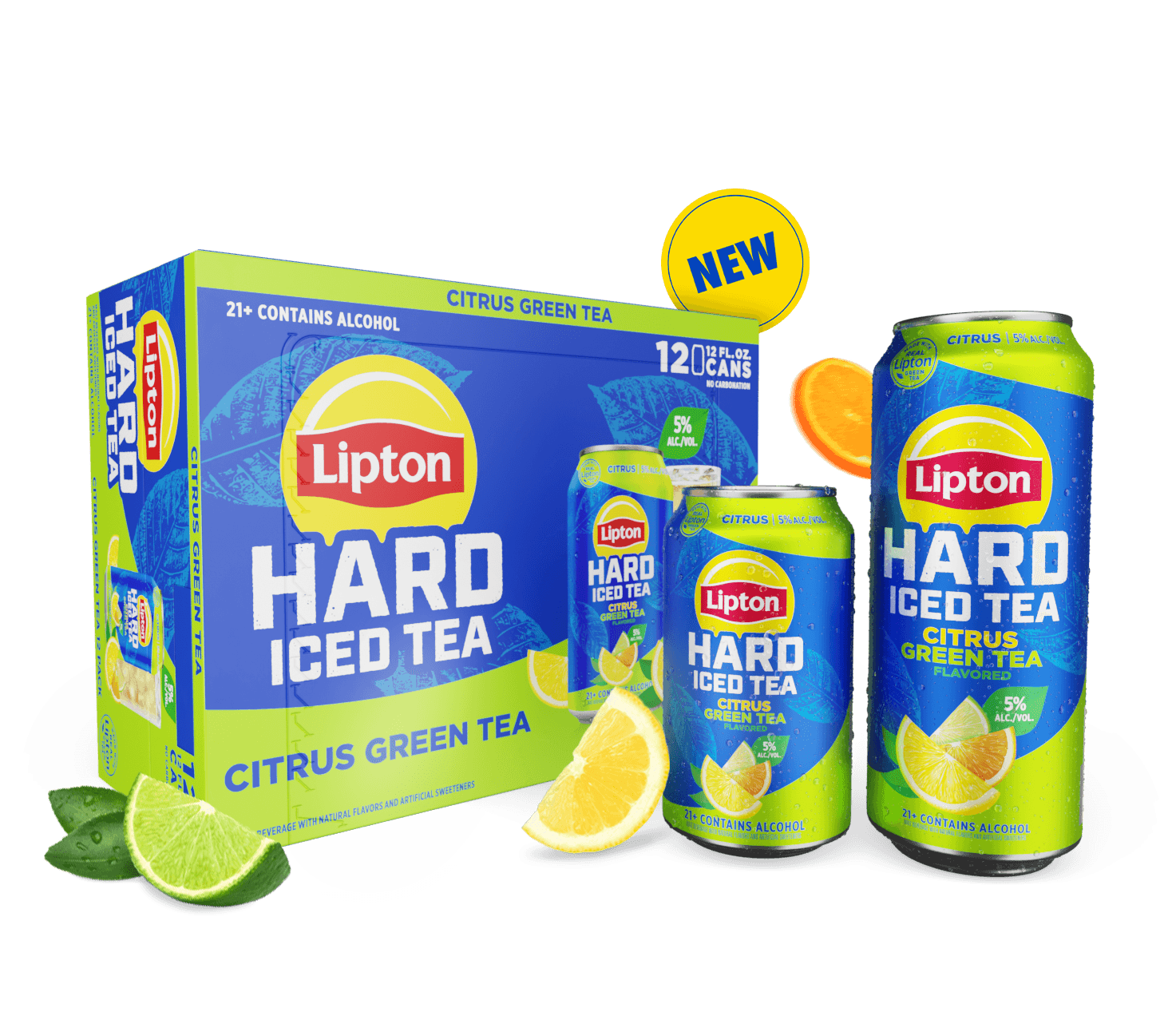 Two cans and a 12 Pack of Lipton Hard Citrus Green Tea with slices of citrus fruit